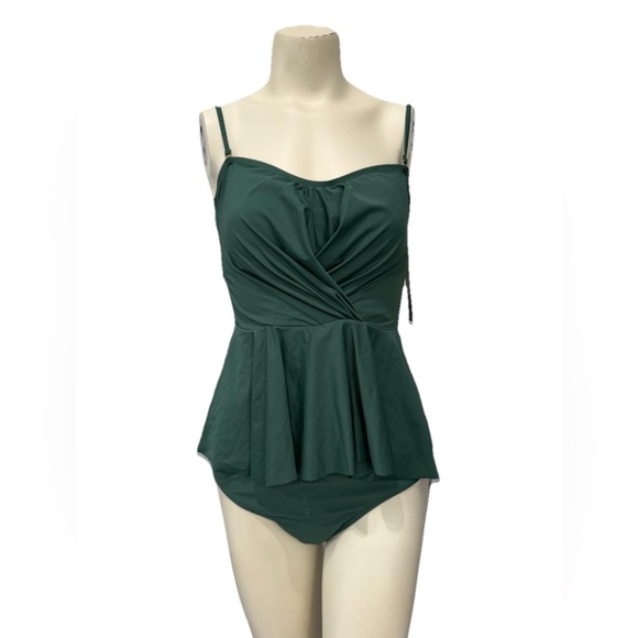 Nicole Miller 2Piece Bandeau Peplum Tankini Wicross Front Swim Green Woman’s M - Picture 1 of 13